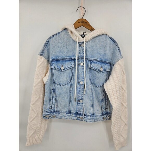 New BlankNYC Blooming Denim Jacket Womens S Sweater Sleeves Hooded Blank NYC - Picture 3 of 7